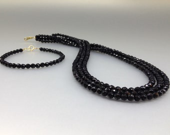 Onyx necklace bracelet set unique gift for her faceted natural black healing gemstone 7 year anniversary gift set multi strand collier