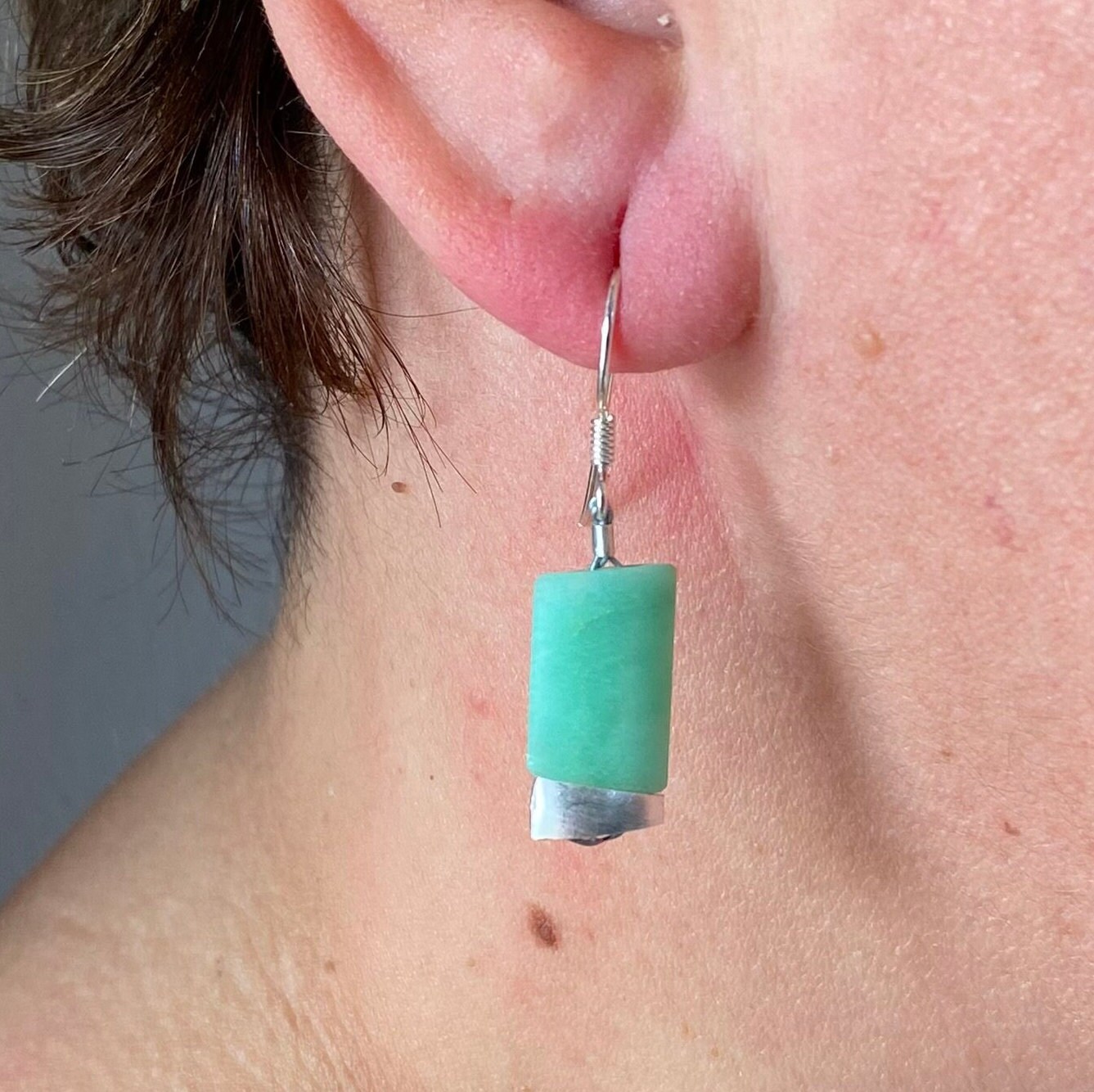 Boucles D'oreilles Pendantes En Chrysoprase Sur Argent 925 - Vert, Fermoir Dormeuse, Occasion