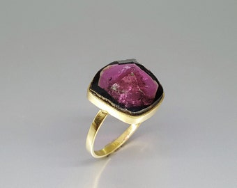 Ring Tourmaline with 18K gold unique gift for her natural pink gemstone Rubellite October birthstone 8 year anniversary