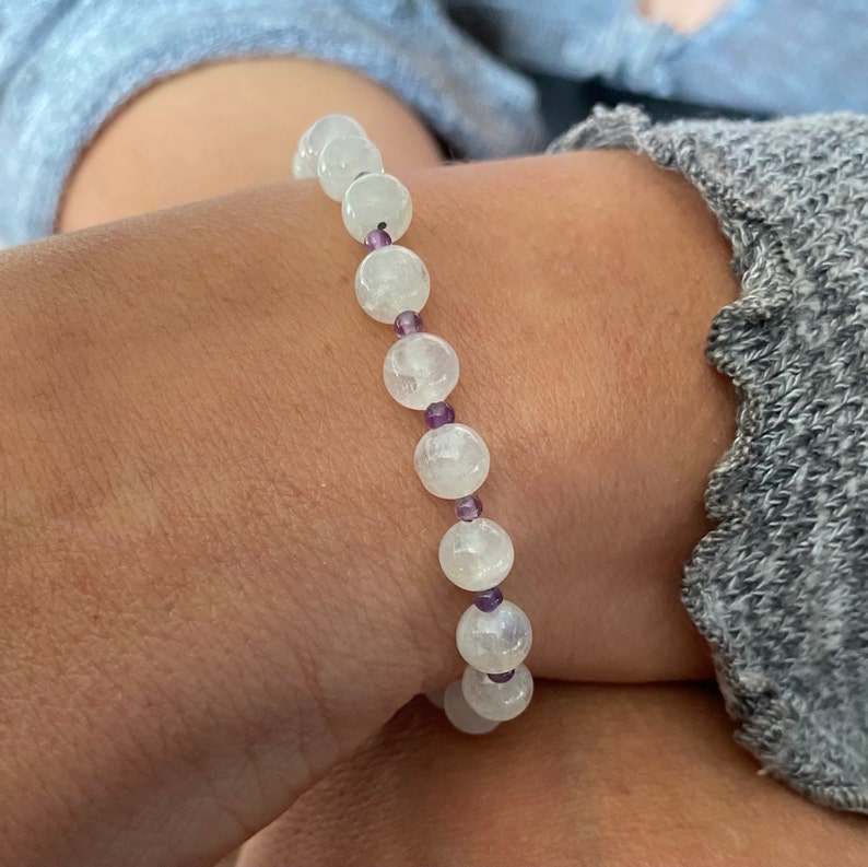 Bracelet Moonstone and Amethyst unique gift for her or him blue shining white and purple gemstone June birthstone bridal jewelry image 2