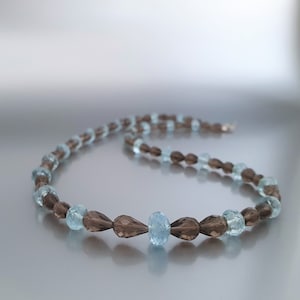 Necklace Aquamarine and smoky Quartz unique gift for her natural blue and smoky brown gemstone March birthstone 19 year anniversary