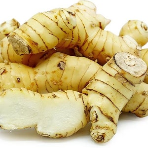 May include: A cluster of fresh galangal rhizomes with light beige, smooth skin and dark brown horizontal rings. The roots have a knobby, irregular shape with some sections showing a pale, fibrous, and moist interior where the skin is broken.