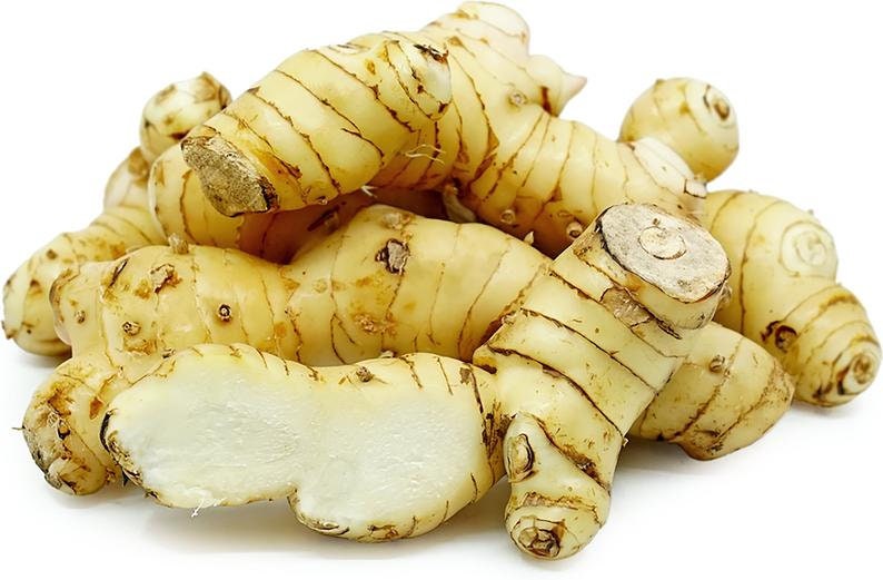 May include: A cluster of fresh galangal rhizomes with light beige, smooth skin and dark brown horizontal rings. The roots have a knobby, irregular shape with some sections showing a pale, fibrous, and moist interior where the skin is broken.