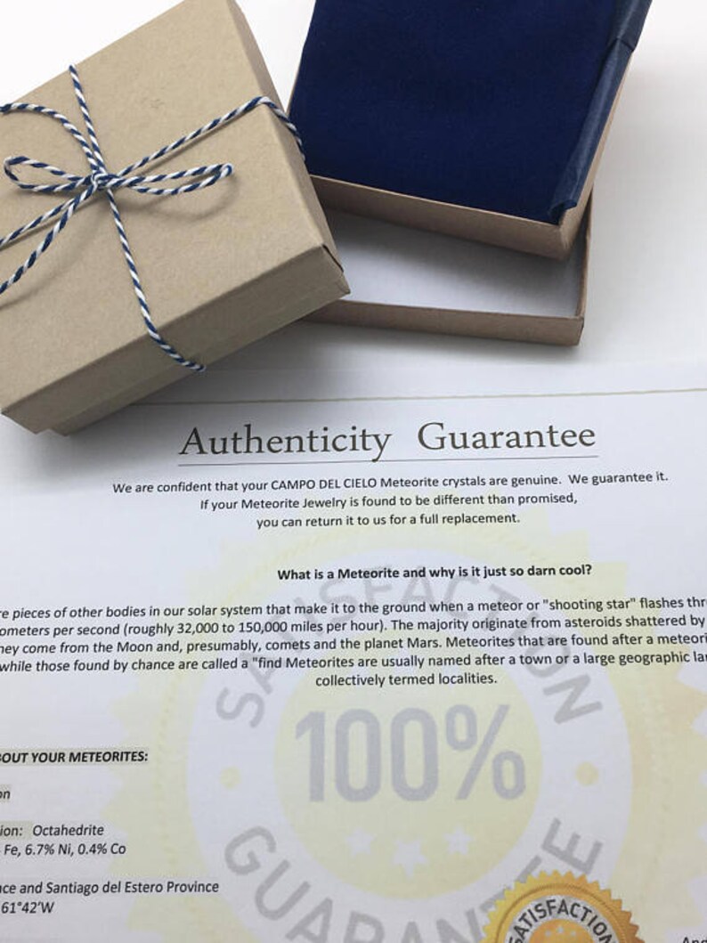 May include: A close-up of a brown cardboard box with a blue velvet box inside. The boxes are tied with a white and black twine. The text on the white paper reads "Authenticity Guarantee" and "What is a Meteorite and why is it just so darn cool?" The text also includes "100% Guarantee".