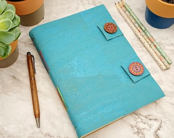A5 Vegan Leather, Ocean Blue Cork Notebook, Eco Friendly Journal, Decorative button snap clasp