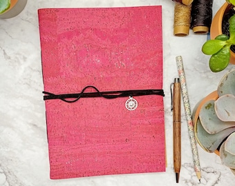 A5 Vegan Leather, Coral Pink Cork Notebook, Eco Friendly Journal, Vegan Suede Wrap With Charm