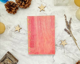 Wood bound journal, Coptic Stitch Diary, Unique Book, Gift Idea, Pink A6 notebook