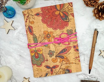 Floral Cork Notebook, A5 Vegan Leather, Eco Friendly Journal