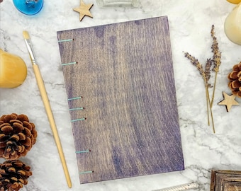 Purple Journal, Wooden Sketchbook, A5 Purple Notebook, Handstitched Coptic Journal, Unique Gift For Artists