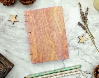 Purple Wood Journal, Pretty A6 Diary, Colourful Coptic Stitched Notebook, Wooden Journal, Gift for creative