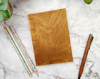 Wood cover pocket journal, A6 wooden notebook, Red trimmed notebook, Coptic Stitch Handbound, Hardcover Diary, Gift for writer