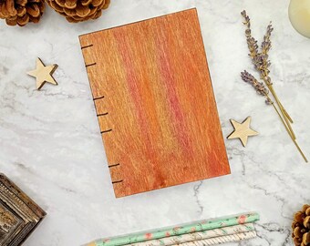 Handbound Journal, Red Wooden Journal, A6, Coptic Diary, Hardcover Unique Gift For Writer, Distressed Wood Book