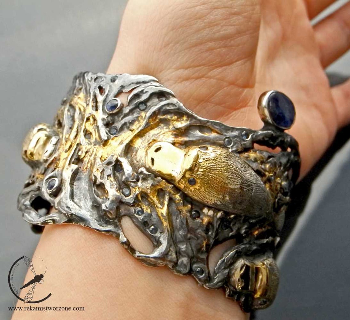 Australian Dusk Silver Platypus Bracelet With Sapphires, Opal, Gold - Etsy