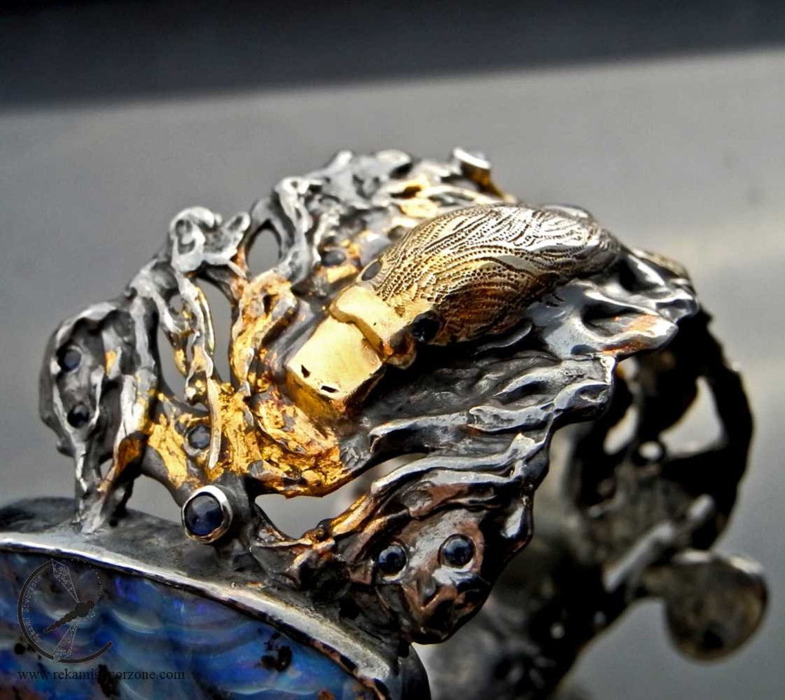 Australian Dusk Silver Platypus Bracelet With Sapphires, Opal, Gold - Etsy