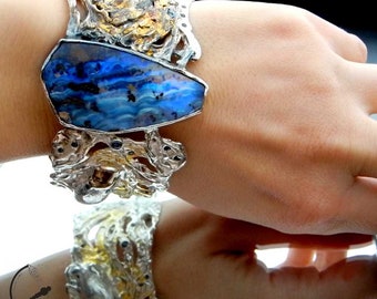 Australian Dusk - silver platypus bracelet with sapphires, opal, gold