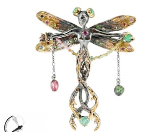 Fortuna  silver brooch with rubies and emeralds, black dragonfly goddess Art Nouveau style high jewelry