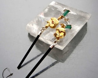 Guides - snake motif silver earrings with emeralds, black tourmalines, orange sapphires