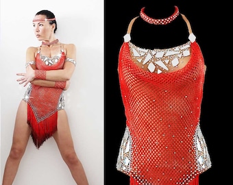 Red and nude mesh dress with mirror stones, Latin dance competition costume, Salsa Bachata dress