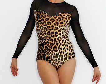 Women leotard,ballet,gymnastic,dance Bodysuit, Leopard print velvet and black mesh