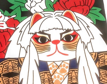 Japanese Maneki Neko Tenugui Hand Towel: Lucky Cat RENJISHI Motif