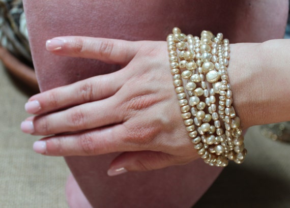 Eight Strand Champagne Cultured Pearl Bracelet/Ch… - image 3