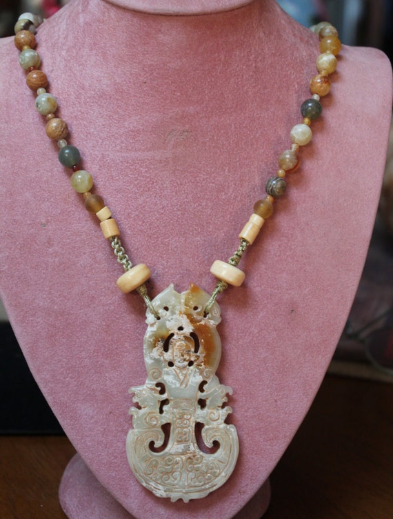 Vintage, Asian Multi Stone Necklace And Carved Med