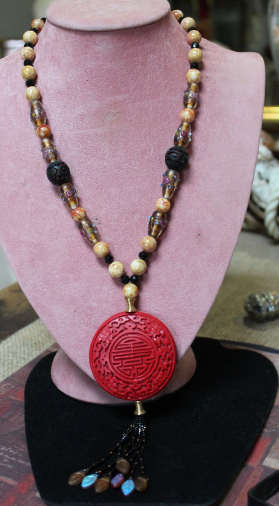 Vintage Cinnabar and Semi-Precious Stone Pendant … - image 4