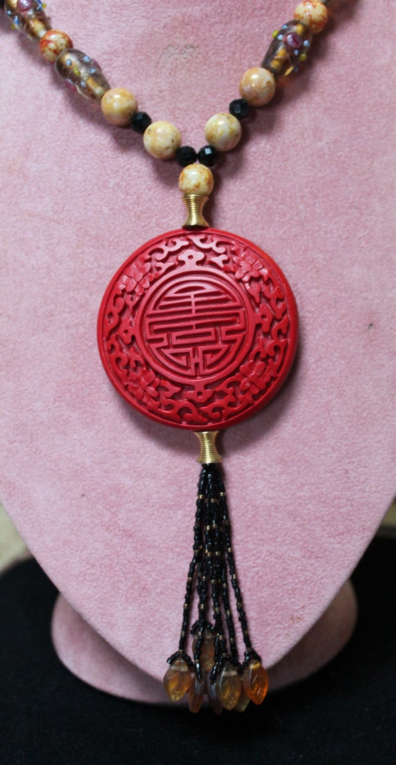 Vintage Cinnabar and Semi-Precious Stone Pendant … - image 2