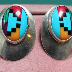 Zuni Inlaid Earrings/Zuni Gemstone and Sterling Earrings/Native American Inlaid Mult-Gemstone Earrings/Zuni Turquoise and Silver Earrings