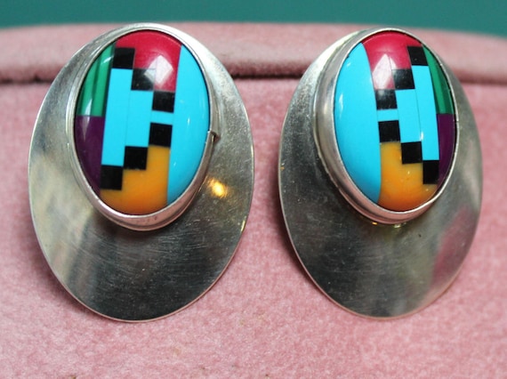 Zuni Inlaid Earrings/Zuni Gemstone and Sterling E… - image 1