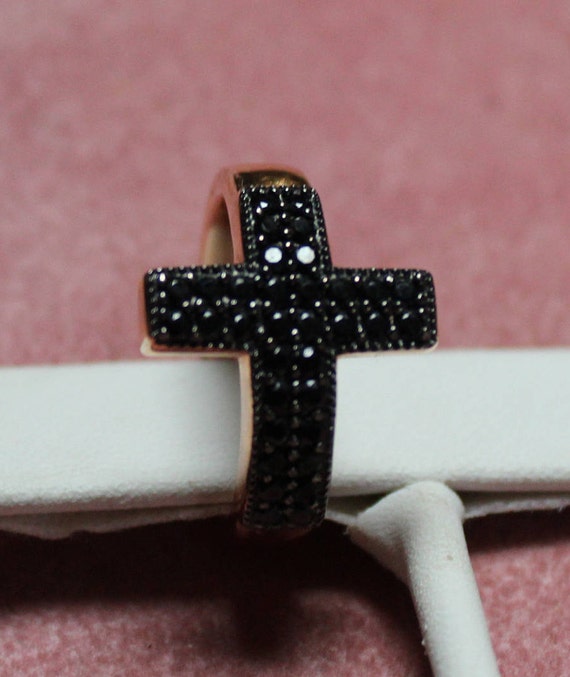 Vintage Cross Ring/Black Spinel and Bronze Cross … - image 1
