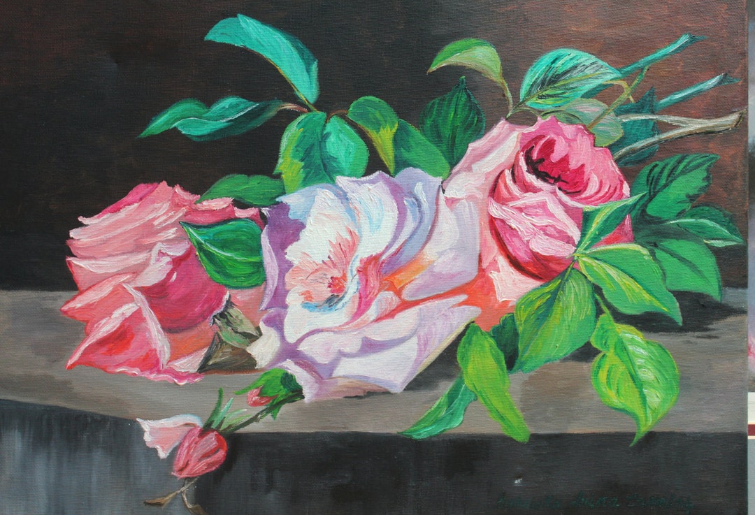 Country Roses Oil on Canvas/vintage Oil on Canvas, Signed/bouquet of ...