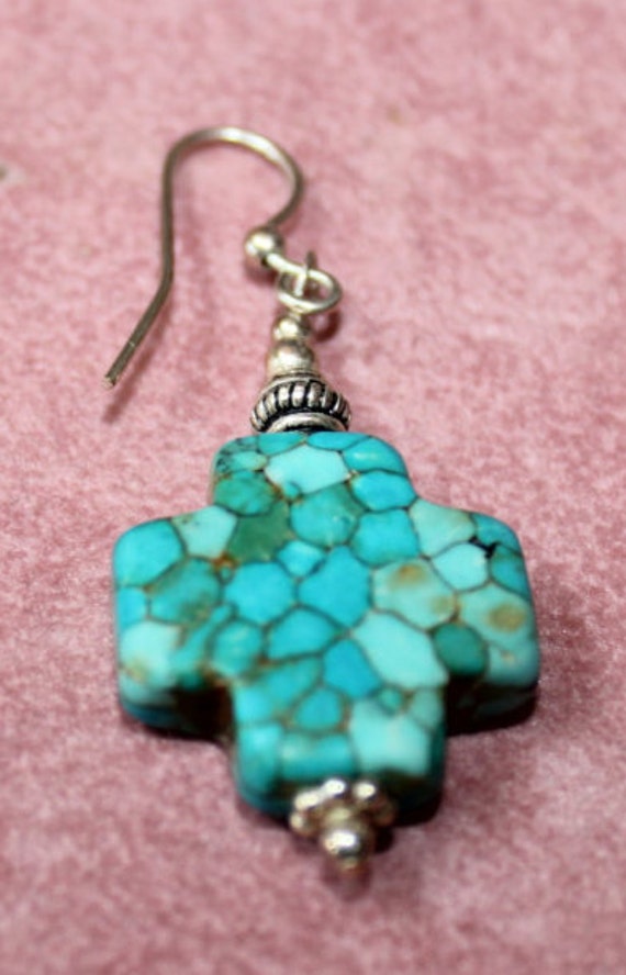 Vintage Turquoise and Sterling Silver Cross Dangl… - image 3