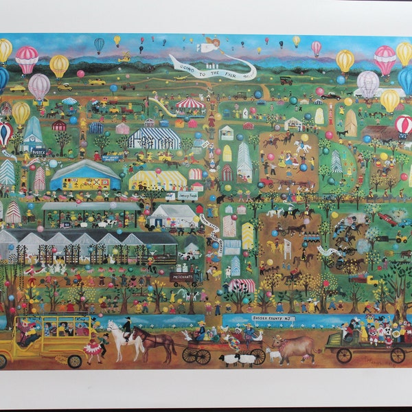 Ann Reeves "Going To The Fair:Sussex County, NJ" Folk Art Lithograph signed/Folk Art Lithograph Going To The Fair, Ann Reeves, Signed