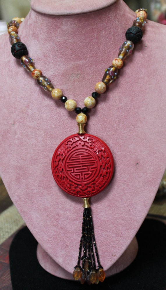 Vintage Cinnabar and Semi-Precious Stone Pendant … - image 1