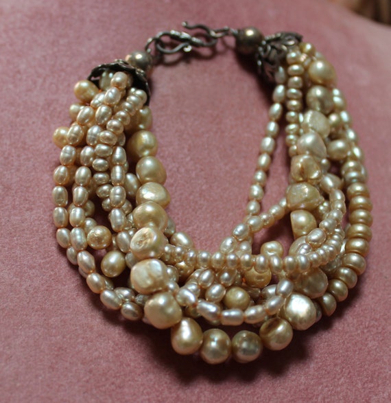 Eight Strand Champagne Cultured Pearl Bracelet/Ch… - image 1