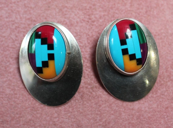 Zuni Inlaid Earrings/Zuni Gemstone and Sterling E… - image 2