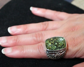 Statement Green Lace Agate and Sterling Silver Ring/Vintage Green Lace Agate Statement Ring/Show Stopping Green Lace Agate Ring