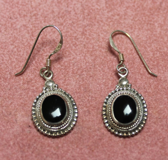 Victorian Onyx and Sterling Silver Drop Earrings/… - image 1