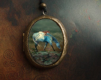 Blue Horse and red haired lady Locket/horse locket/oval horse locket/ rustic horse/horse and girl/horse riding/horse lover/horse with girl