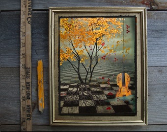 Yellow Violin and Red Hearts 8x10 Framed/mixed media/digital/photography/wall art/steampunk/tree framed/fall art/ tree art/ tree/Yellow Tree