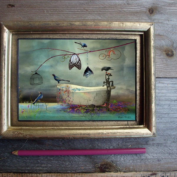 Bird Bath/ 6x4/ Framed/ Small Art/mixed media/digital art/ fine art framed/bird art/ surreal art/mixed media bird/butterfly/bath/ blue bird