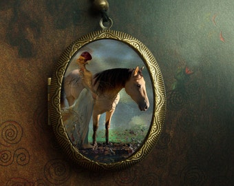 Beautiful Horse Locket/Brown Horse Necklace/Oval Horse Locket/Lady and Horse Pendant