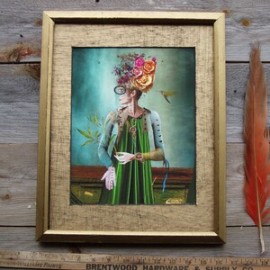 Tuinman 8 x 10 / ingelijst /originele kunst /Mixed Media/ fotografie/digitale/muur kunst/tekening/papier/surrealistische kunst/bloem hoofd/dame met rozen/bloemen