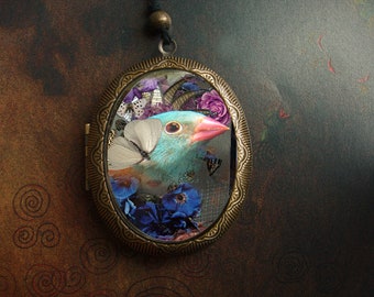 Blue Bird Locket/ oval rustic locket/ bird with flowers jewelry/ bird pendant/blue bird pendant/ blue bird/bird necklace/bird lovers gift