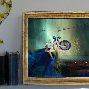 May include: A framed artwork with a gold-coloured frame. The artwork depicts two figures with peacock-like features, one holding a violin and the other a clock. The background is a blend of teal and green hues, with a touch of gold.