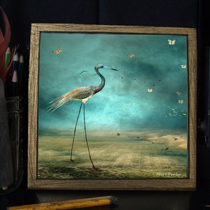 Grey Heron With Blue Sky 8x8 Matted Arte Original de Edição Limitada