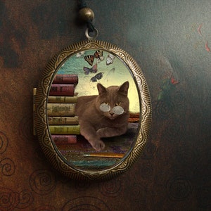 cat Locket/rustic cat locket/oval cat locket/ cat jewelry/cat pendant/cat with books/brown cat/ cat necklace/animal/ cat art/ cat reading image 1