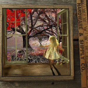 Fuori dal bosco/8x/ Con passepartout/ Edizione limitata/arte delle fate/arte delle fate/bambino interiore/albero rosso/bambina/foresta/ragazza alla finestra/arte dell'albero/ragazza