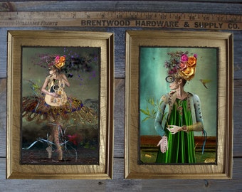 Flower Heads/ 7x5/ Framed/ mixed media/ photography/ Original Art/ 2 pieces/colorful art/ framed art/ surreal art/ lady/ gardener/ ballerina